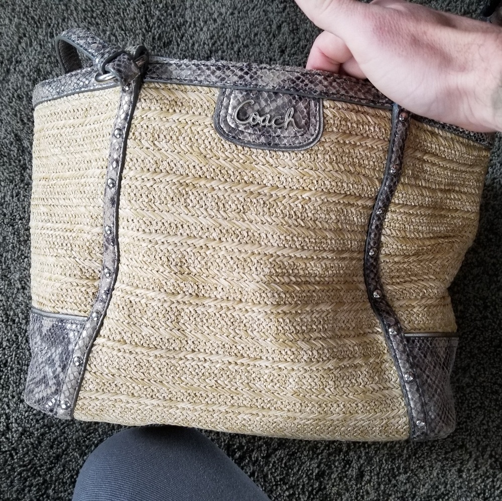 Coach straw and leather tote